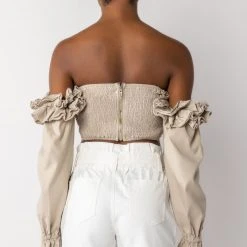 MODERN ROMANCE RUFFLE OFF THE SHOULDER CROPPED BLOUSE -helmut shop modern romance ruffle off the shoulder cropped blouse grey 6 6