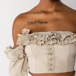 MODERN ROMANCE RUFFLE OFF THE SHOULDER CROPPED BLOUSE -helmut shop modern romance ruffle off the shoulder cropped blouse grey 7 7