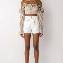 MODERN ROMANCE RUFFLE OFF THE SHOULDER CROPPED BLOUSE -helmut shop modern romance ruffle off the shoulder cropped blouse grey 8 8