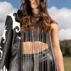 MOONCATCHER RHINESTONE FRINGE SLEEVELESS CROPPED BLOUSE -helmut shop mooncatcher rhinestone fringe sleeveless cropped blouse black 1 1 c1