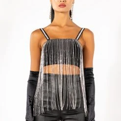 MOONCATCHER RHINESTONE FRINGE SLEEVELESS CROPPED BLOUSE -helmut shop mooncatcher rhinestone fringe sleeveless cropped blouse black 5 5