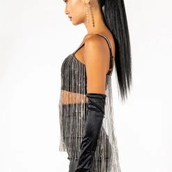 MOONCATCHER RHINESTONE FRINGE SLEEVELESS CROPPED BLOUSE -helmut shop mooncatcher rhinestone fringe sleeveless cropped blouse black 6 6