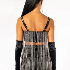 MOONCATCHER RHINESTONE FRINGE SLEEVELESS CROPPED BLOUSE -helmut shop mooncatcher rhinestone fringe sleeveless cropped blouse black 7 7