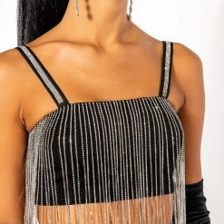 MOONCATCHER RHINESTONE FRINGE SLEEVELESS CROPPED BLOUSE -helmut shop mooncatcher rhinestone fringe sleeveless cropped blouse black 8 8