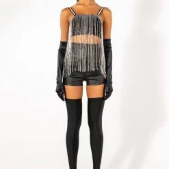 MOONCATCHER RHINESTONE FRINGE SLEEVELESS CROPPED BLOUSE -helmut shop mooncatcher rhinestone fringe sleeveless cropped blouse black 9 9