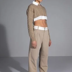 MOST LIKELY TO SUCCEED LAYERED CROP SWEATER -helmut shop most likely to succeed layered crop sweater tan 3 3
