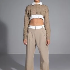 MOST LIKELY TO SUCCEED LAYERED CROP SWEATER -helmut shop most likely to succeed layered crop sweater tan 4 4