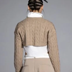 MOST LIKELY TO SUCCEED LAYERED CROP SWEATER -helmut shop most likely to succeed layered crop sweater tan 7 7