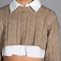 MOST LIKELY TO SUCCEED LAYERED CROP SWEATER -helmut shop most likely to succeed layered crop sweater tan 8 8