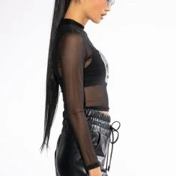 MOVE ALL NIGHT RHINESTONE SMILEY FACE SHEER MESH TOP -helmut shop move all night patch detail mesh top black 4 4