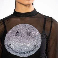 MOVE ALL NIGHT RHINESTONE SMILEY FACE SHEER MESH TOP -helmut shop move all night patch detail mesh top black 6 6