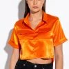 MY LEVEL STRETCH POPLIN BUTTON DOWN TOP -helmut shop my level stretch poplin button down top orange 1 1