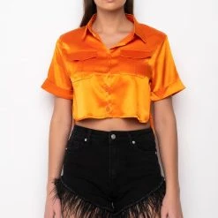 MY LEVEL STRETCH POPLIN BUTTON DOWN TOP -helmut shop my level stretch poplin button down top orange 3 3