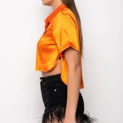 MY LEVEL STRETCH POPLIN BUTTON DOWN TOP -helmut shop my level stretch poplin button down top orange 4 4