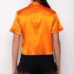 MY LEVEL STRETCH POPLIN BUTTON DOWN TOP -helmut shop my level stretch poplin button down top orange 5 5
