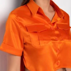 MY LEVEL STRETCH POPLIN BUTTON DOWN TOP -helmut shop my level stretch poplin button down top orange 6 6