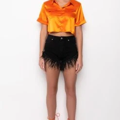 MY LEVEL STRETCH POPLIN BUTTON DOWN TOP -helmut shop my level stretch poplin button down top orange 7 7