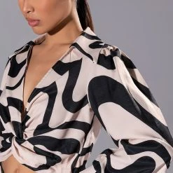 MYSTICAL WAYS TWIST FRONT LONG SLEEVE TOP -helmut shop mystical ways twist front long sleeve top black white 7 7