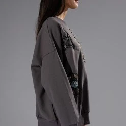 NALLY EMBELLISHED COLORBLOCK CREW NECK SWEATSHIRT -helmut shop nally embellished colorblock crew neck sweatshirt grey multi 6 6 c1