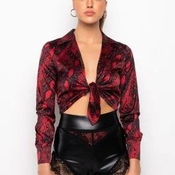 NAYELLI SATIN TIE FRONT BODYSUIT -helmut shop nayelli satin tie front bodysuit red multi 3 3