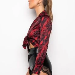 NAYELLI SATIN TIE FRONT BODYSUIT -helmut shop nayelli satin tie front bodysuit red multi 4 4