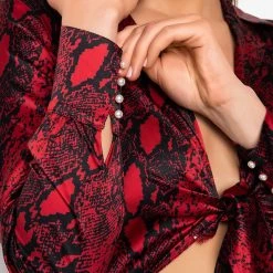 NAYELLI SATIN TIE FRONT BODYSUIT -helmut shop nayelli satin tie front bodysuit red multi 6 6