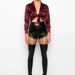 NAYELLI SATIN TIE FRONT BODYSUIT -helmut shop nayelli satin tie front bodysuit red multi 7 7