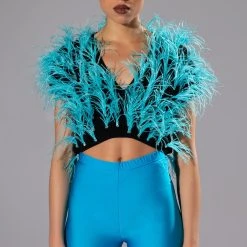 NENA FEATHER AND RHINESTONE DETAILED CROP TOP -helmut shop nena feather and rhinestone detailed crop top light blue 3 3