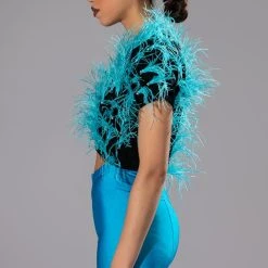 NENA FEATHER AND RHINESTONE DETAILED CROP TOP -helmut shop nena feather and rhinestone detailed crop top light blue 4 4