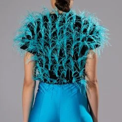 NENA FEATHER AND RHINESTONE DETAILED CROP TOP -helmut shop nena feather and rhinestone detailed crop top light blue 5 5