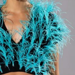 NENA FEATHER AND RHINESTONE DETAILED CROP TOP -helmut shop nena feather and rhinestone detailed crop top light blue 6 6
