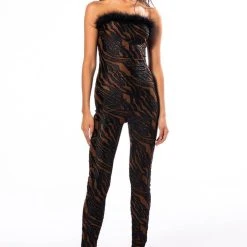 NEVERMIND FEATHER DETAIL JUMPSUIT -helmut shop nevermind feather detail jumpsuit brown 3 3
