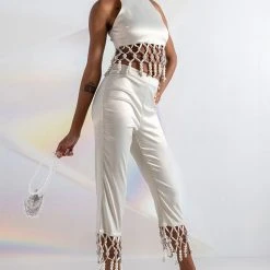 NEXT STOP CANNES BEADED TRIM SLEEVELESS SATIN BLOUSE -helmut shop next stop cannes beaded trim sleeveless satin blouse beige 2 2