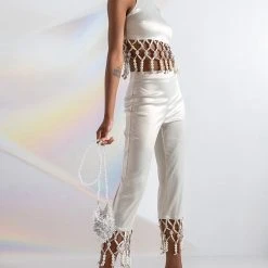 NEXT STOP CANNES BEADED TRIM SLEEVELESS SATIN BLOUSE -helmut shop next stop cannes beaded trim sleeveless satin blouse beige 3 3