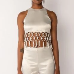 NEXT STOP CANNES BEADED TRIM SLEEVELESS SATIN BLOUSE -helmut shop next stop cannes beaded trim sleeveless satin blouse beige 4 4