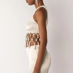 NEXT STOP CANNES BEADED TRIM SLEEVELESS SATIN BLOUSE -helmut shop next stop cannes beaded trim sleeveless satin blouse beige 5 5