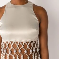 NEXT STOP CANNES BEADED TRIM SLEEVELESS SATIN BLOUSE -helmut shop next stop cannes beaded trim sleeveless satin blouse beige 7 7