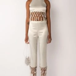 NEXT STOP CANNES BEADED TRIM SLEEVELESS SATIN BLOUSE -helmut shop next stop cannes beaded trim sleeveless satin blouse beige 8 8