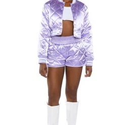 NO CAP QUILTED SATIN DOLPHIN SHORTS IN LILAC -helmut shop no cap quilted satin dolphin shorts in lilac light purple 7 7