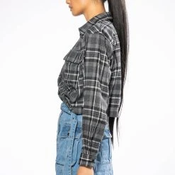 NO FRONTING CROPPED TWIST FRONT PLAID TOP -helmut shop no fronting cropped plaid top black 4 4
