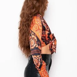 NO LETTING GO TIE FRONT SATIN BLOUSE -helmut shop no letting go tie front satin blouse orange multi 5 5