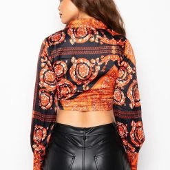 NO LETTING GO TIE FRONT SATIN BLOUSE -helmut shop no letting go tie front satin blouse orange multi 6 6