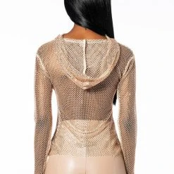 NORTH STAR RHINESTONE MESH HOODED TOP -helmut shop north star rhinestone mesh hooded top beige 5 5