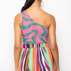 NOT THAT DEEP ONE SHOULDER MESH BODYSUIT -helmut shop not that deep one shoulder mesh bodysuit pink multi 6 6