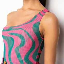 NOT THAT DEEP ONE SHOULDER MESH BODYSUIT -helmut shop not that deep one shoulder mesh bodysuit pink multi 7 7