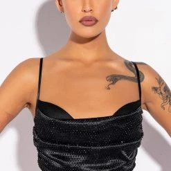 NOVA GIRL RHINESTONE COWL NECK TANK