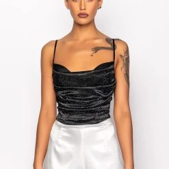 NOVA GIRL RHINESTONE COWL NECK TANK -helmut shop nova girl rhinestone cowl neck tank black 3 3