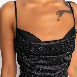 NOVA GIRL RHINESTONE COWL NECK TANK -helmut shop nova girl rhinestone cowl neck tank black 6 6