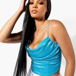 NOVA GIRL RHINESTONE COWL NECK TANK