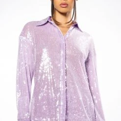 OH YOU FANCY SEQUIN BUTTON DOWN BLOUSE -helmut shop oh you fancy sequin button down blouse light purple 1 1 c1